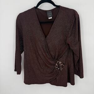 JTB Women’s Wrap Top Medium Brown Shimmer Sequin Accent 3/4 Sleeve Stretch